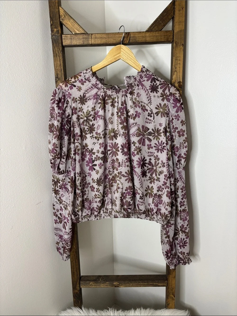 Free People Lavender and Brown Floral Smocked-Neck Blouse Size M